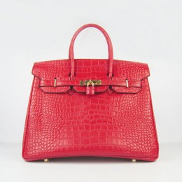 Hermes Birkin 35Cm Crocodile Stripe Handbags Red Gold
